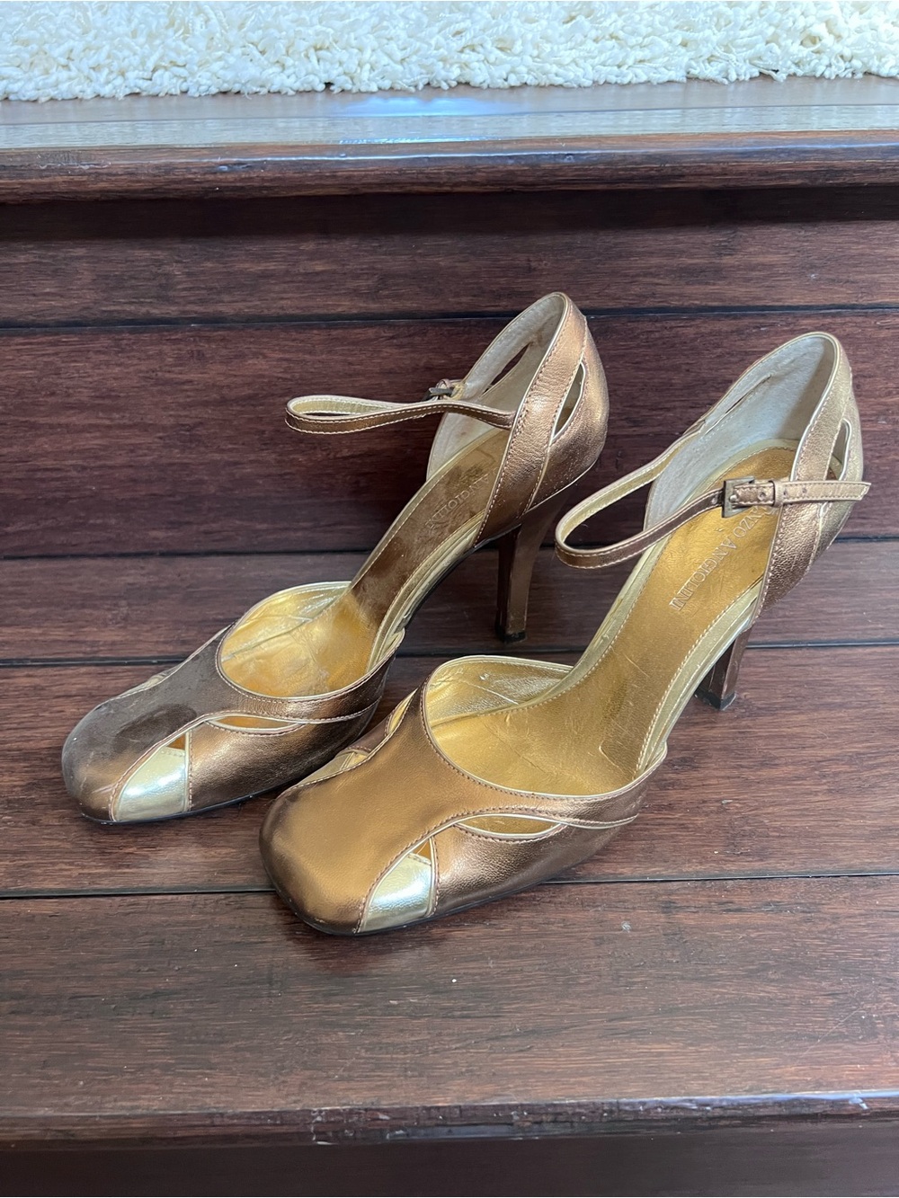 Enzo Angiolini Metallic Bronze Peep-Toe Ankle-Strap Heels